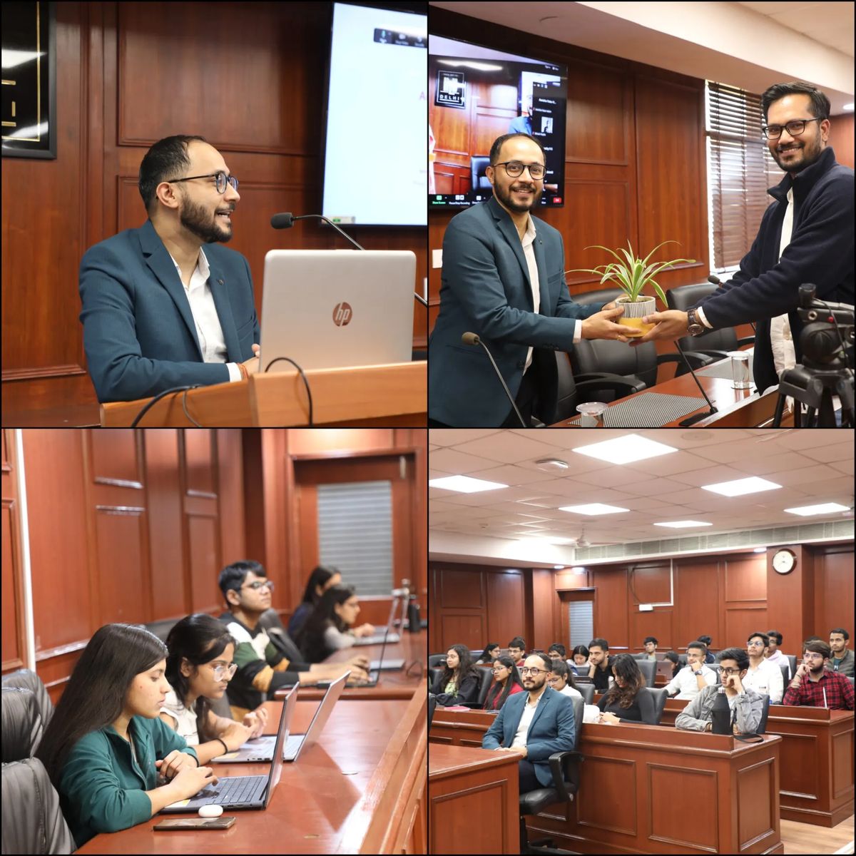 A session at the Centre: a speaker presents, certificates are handed over, and students fill the room.