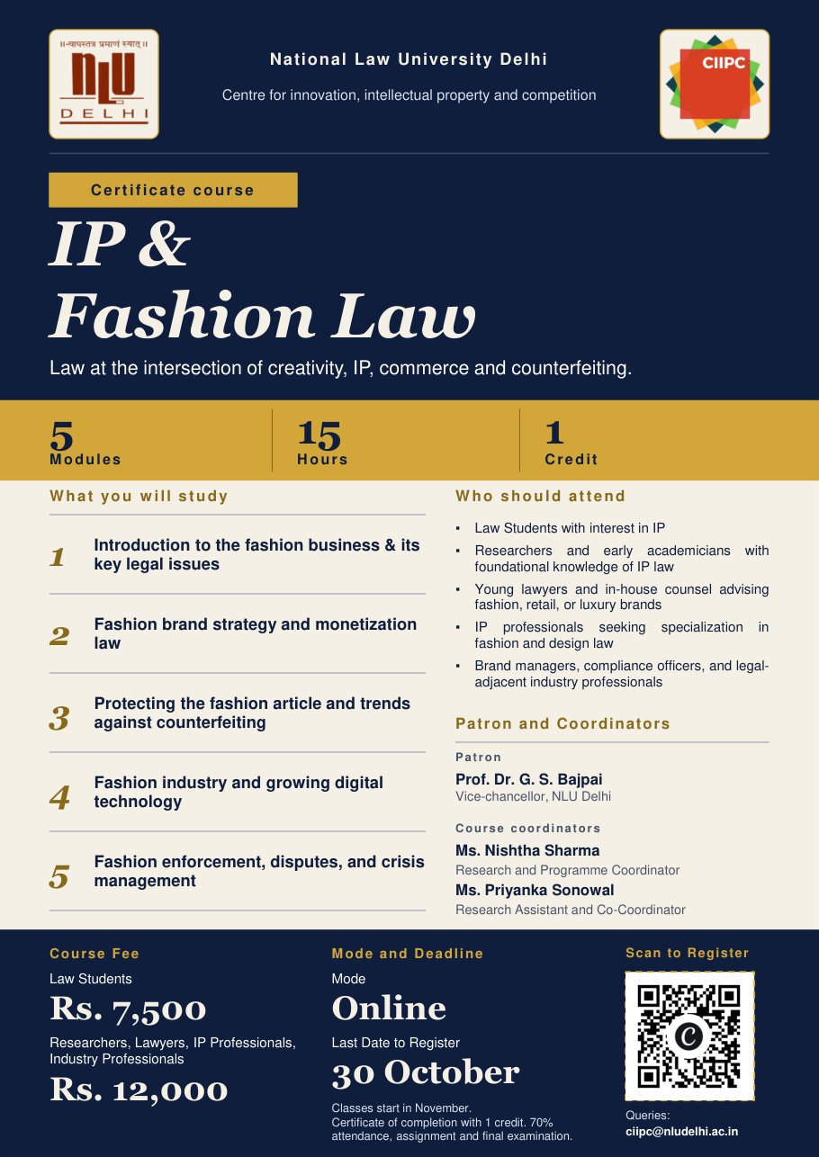 The course flyer: Certificate Course, IP and Fashion Law, five modules, fifteen hours, one credit; online; register by 30 October.