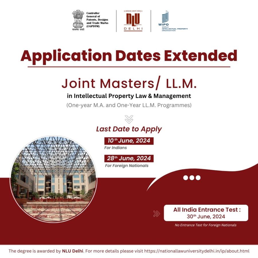 The poster for the extended application dates of the Joint Masters/LL.M. in Intellectual Property Law and Management.